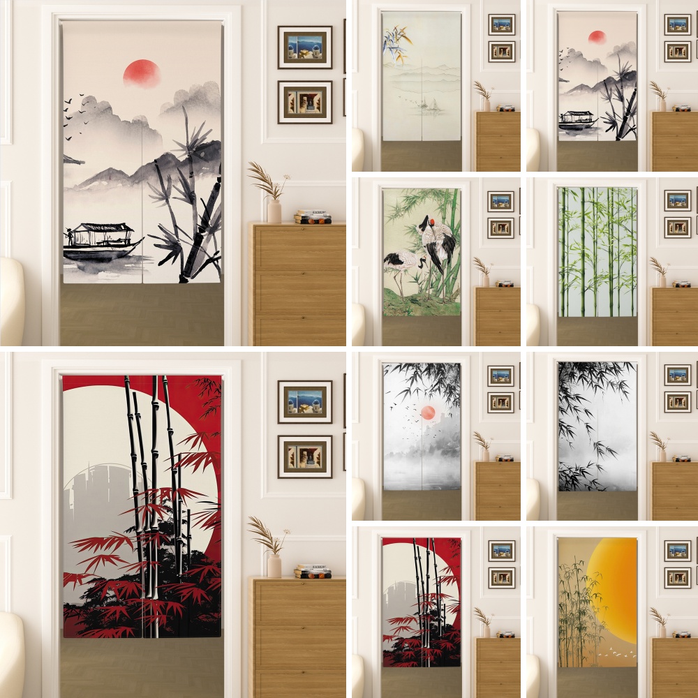 Room Divider Bamboo - Japońska zasłona Noren z motywem tuszem,